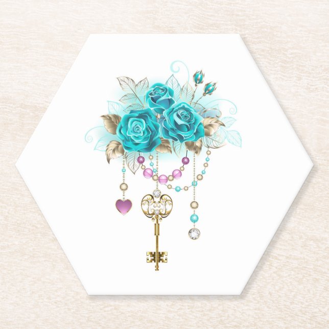 Turquoise Roses with Keys Paper Coaster (Front)