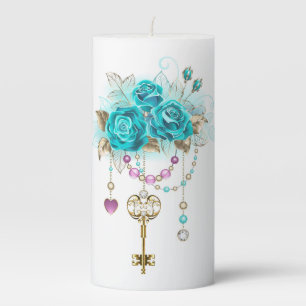 Turquoise Roses with Keys Pillar Candle