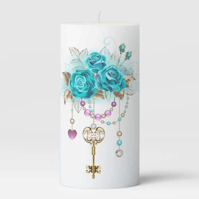 Turquoise Roses with Keys Pillar Candle (Front)