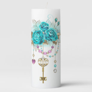 Turquoise Roses with Keys Pillar Candle