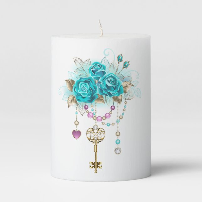 Turquoise Roses with Keys Pillar Candle (Front)