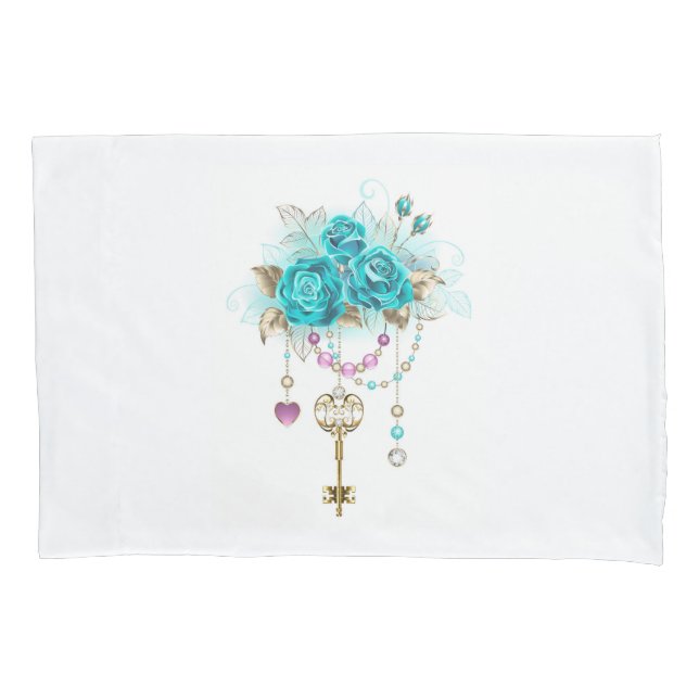 Turquoise Roses with Keys Pillow Case (Front-Left)
