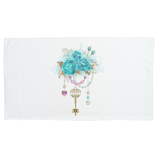 Turquoise Roses with Keys Pillow Case (Front-Left)