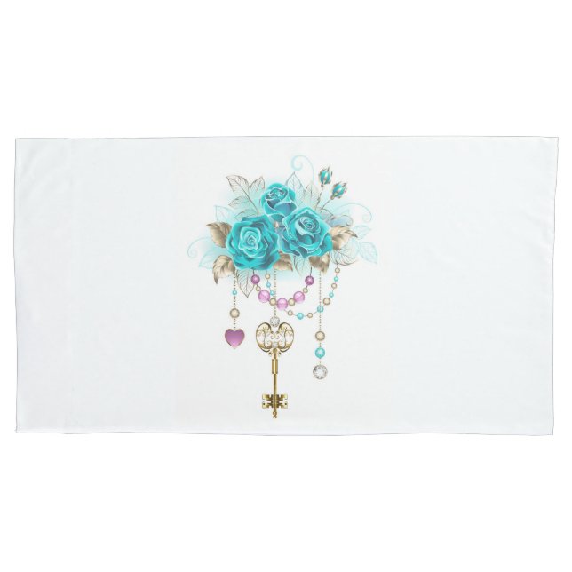 Turquoise Roses with Keys Pillow Case (Front)