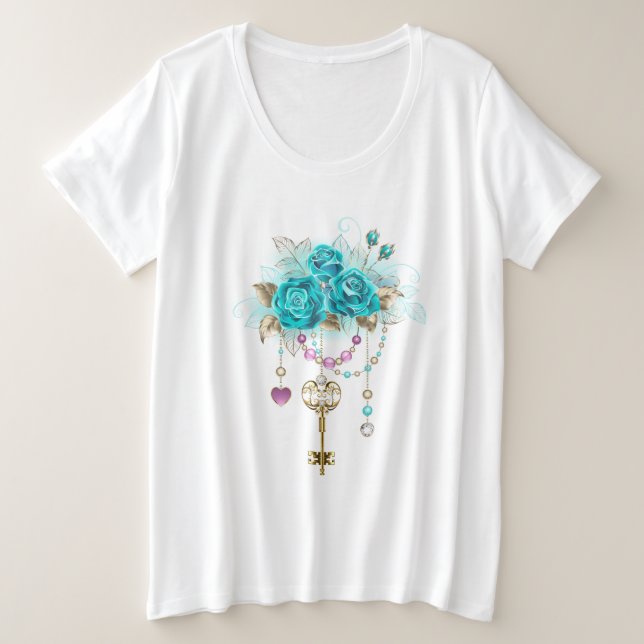 Turquoise Roses with Keys Plus Size T-Shirt (Design Front)
