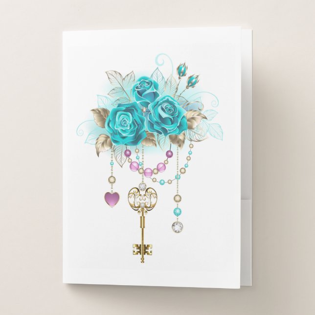 Turquoise Roses with Keys Pocket Folder (Front)