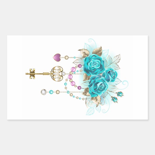Turquoise Roses with Keys Rectangular Sticker (Front)