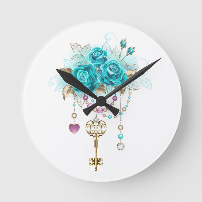 Turquoise Roses with Keys Round Clock (Front)