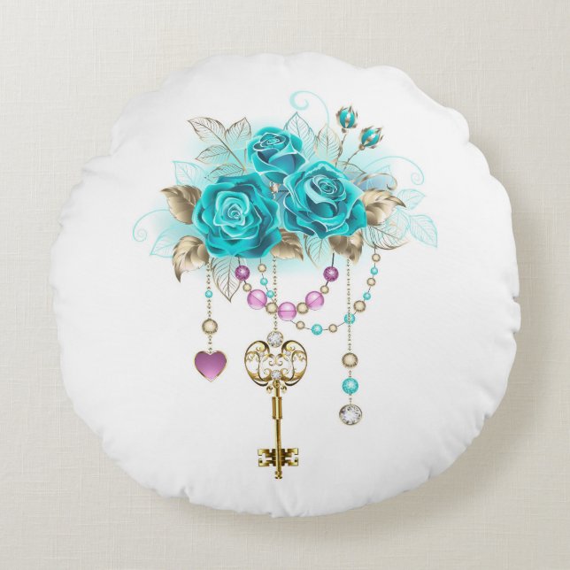 Turquoise Roses with Keys Round Pillow (Front)