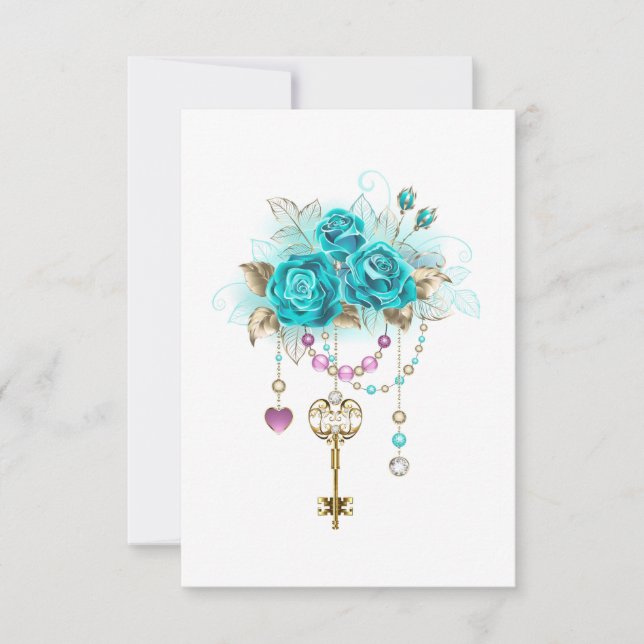 Turquoise Roses with Keys Save The Date (Front)