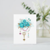 Turquoise Roses with Keys Save The Date (Standing Front)