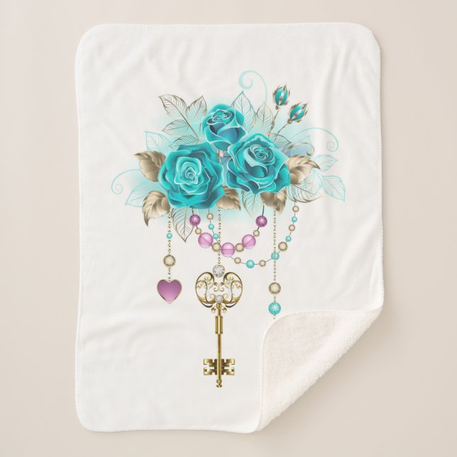 Turquoise Roses with Keys Sherpa Blanket (Front)