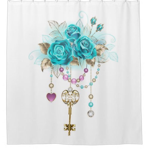 Turquoise Roses with Keys Shower Curtain
