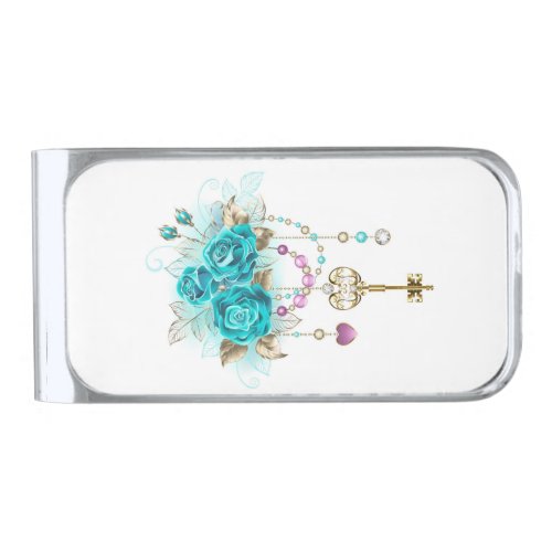 Turquoise Roses with Keys Silver Finish Money Clip