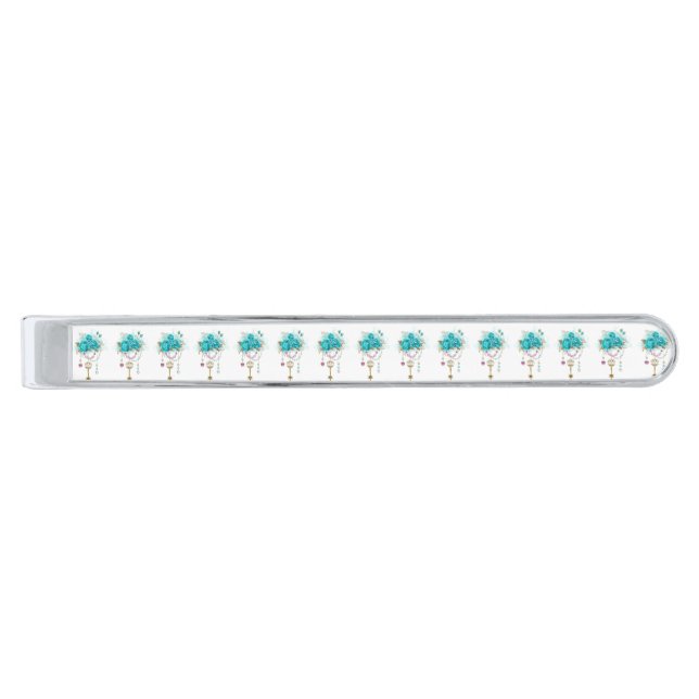 Turquoise Roses with Keys Silver Finish Tie Bar (Front)