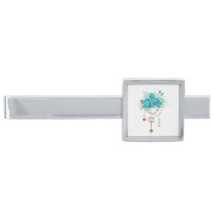 Turquoise Roses with Keys Silver Finish Tie Bar
