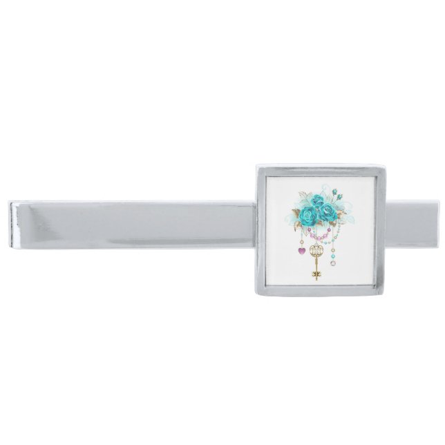 Turquoise Roses with Keys Silver Finish Tie Bar (Front)