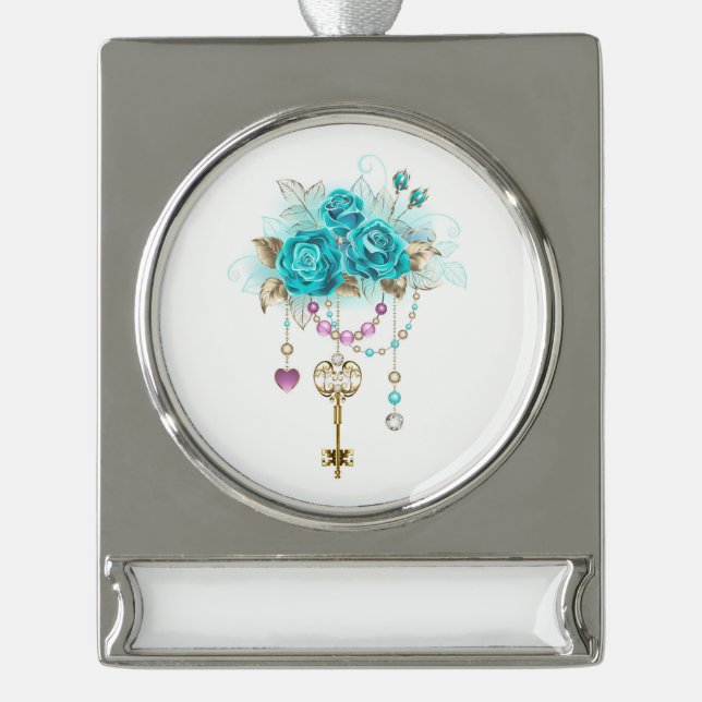 Turquoise Roses with Keys Silver Plated Banner Ornament (Front)