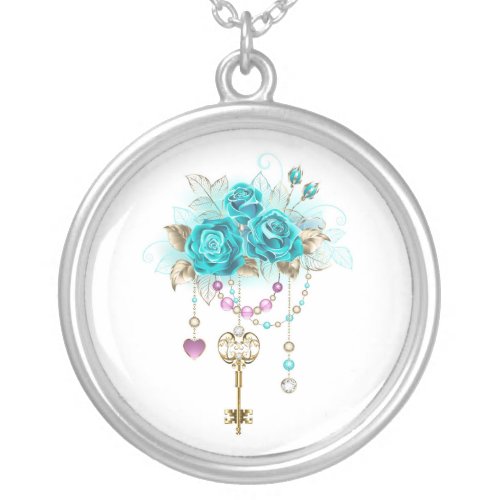 Turquoise Roses with Keys Silver Plated Necklace