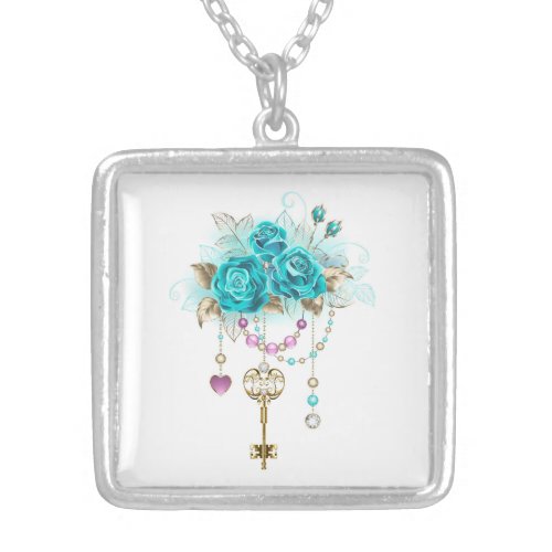 Turquoise Roses with Keys Silver Plated Necklace