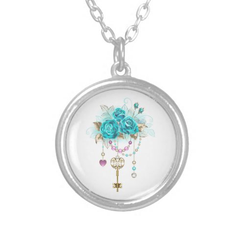 Turquoise Roses with Keys Silver Plated Necklace