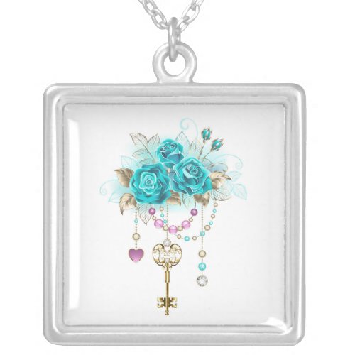 Turquoise Roses with Keys Silver Plated Necklace