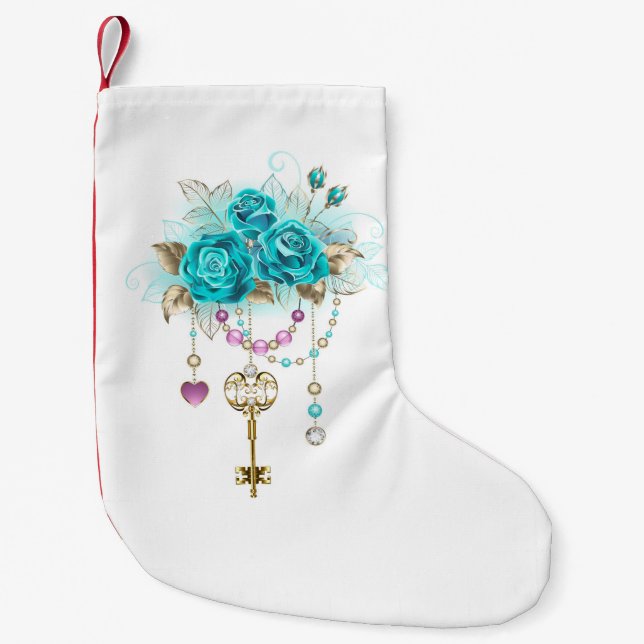 Turquoise Roses with Keys Small Christmas Stocking (Front)