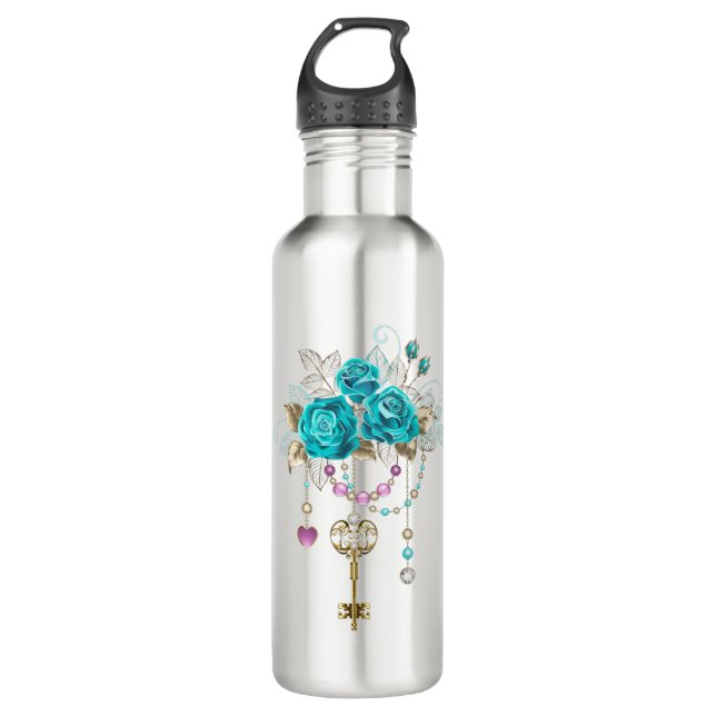 Turquoise Roses with Keys Stainless Steel Water Bottle (Front)