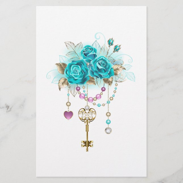 Turquoise Roses with Keys Stationery (Front)