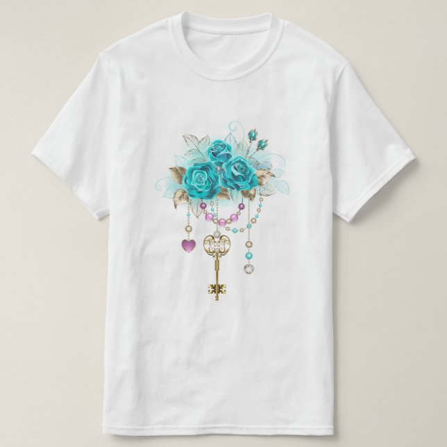 Turquoise Roses with Keys T-Shirt (Design Front)