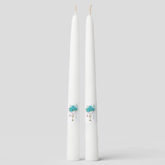 Turquoise Roses with Keys Taper Candle (Front)