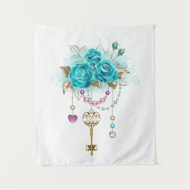 Turquoise Roses with Keys Tapestry (Front)