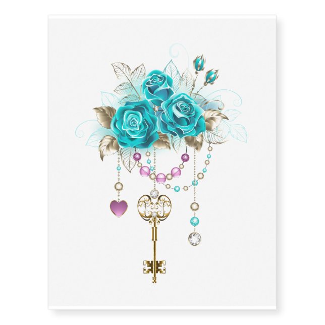 Turquoise Roses with Keys Temporary Tattoos (Front)