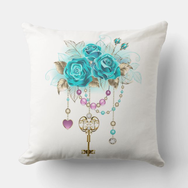 Turquoise Roses with Keys Throw Pillow (Front)