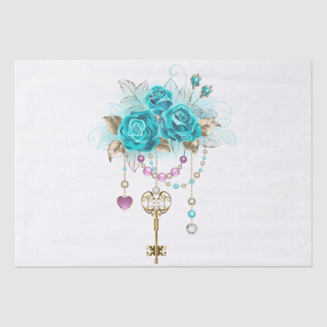 Turquoise Roses with Keys Tissue Paper (Front)
