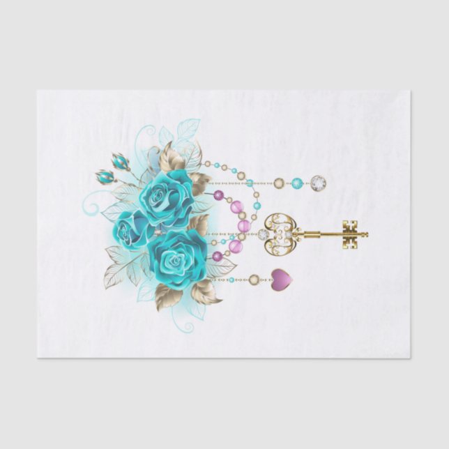 Turquoise Roses with Keys Tissue Paper (Front)
