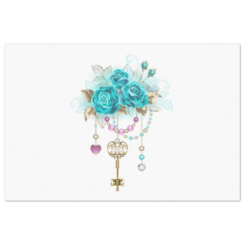 Turquoise Roses with Keys Tissue Paper