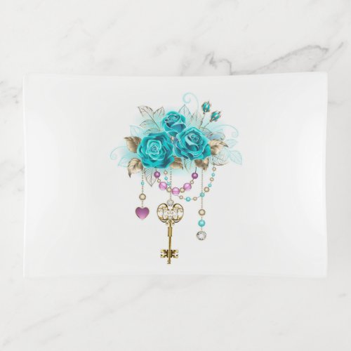 Turquoise Roses with Keys Trinket Tray