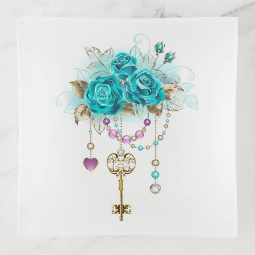 Turquoise Roses with Keys Trinket Tray