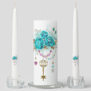 Turquoise Roses with Keys Unity Candle Set