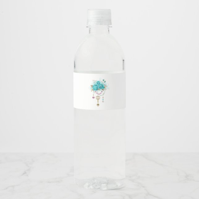 Turquoise Roses with Keys Water Bottle Label (Front)
