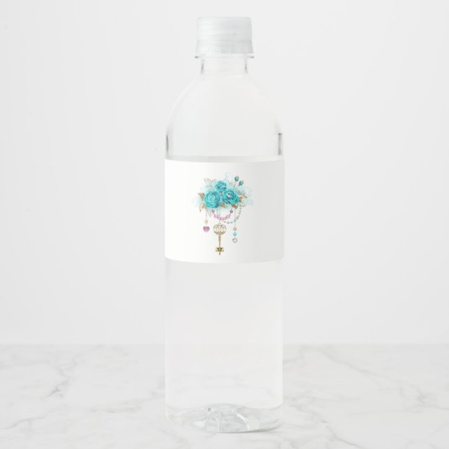 Turquoise Roses with Keys Water Bottle Label (Front)