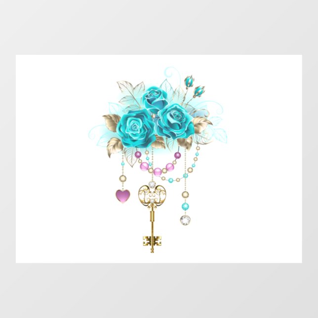 Turquoise Roses with Keys Window Cling (Sheet)