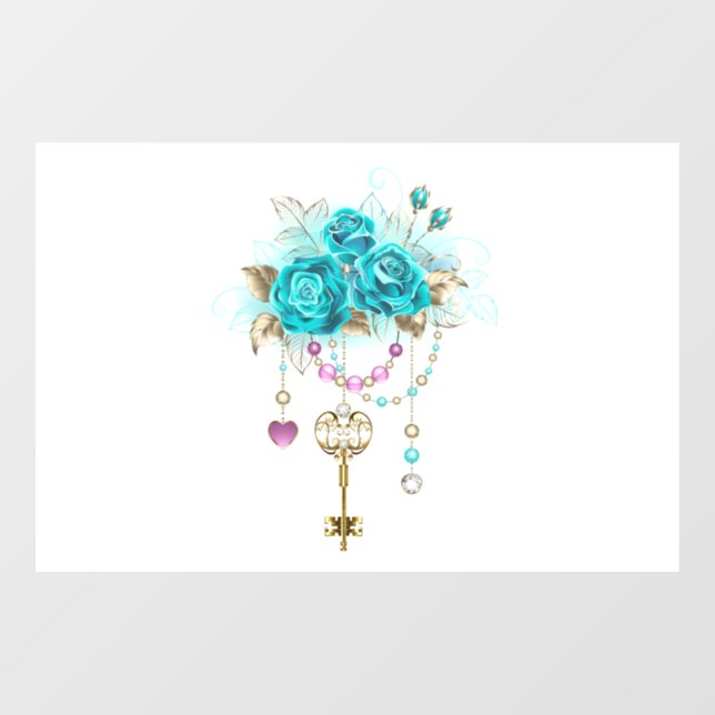 Turquoise Roses with Keys Window Cling (Sheet)