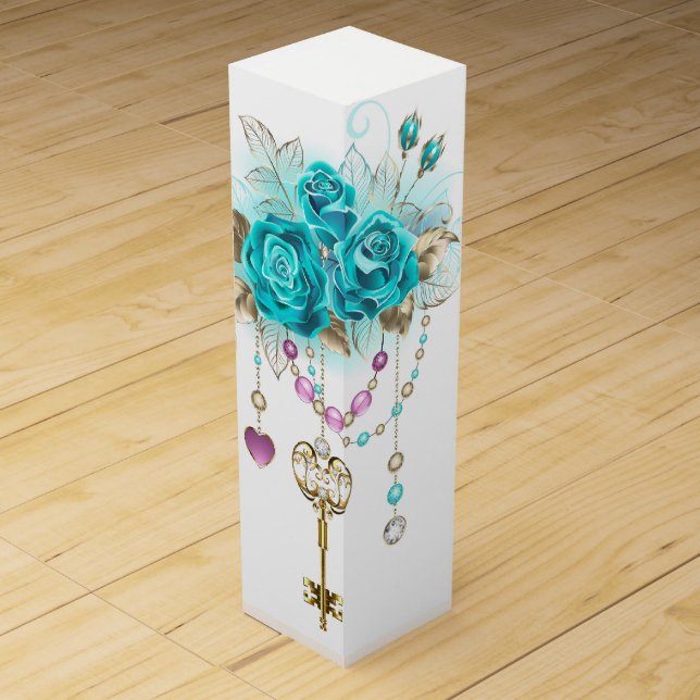 Turquoise Roses with Keys Wine Box (Front)