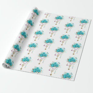 Turquoise Roses with Keys Wrapping Paper