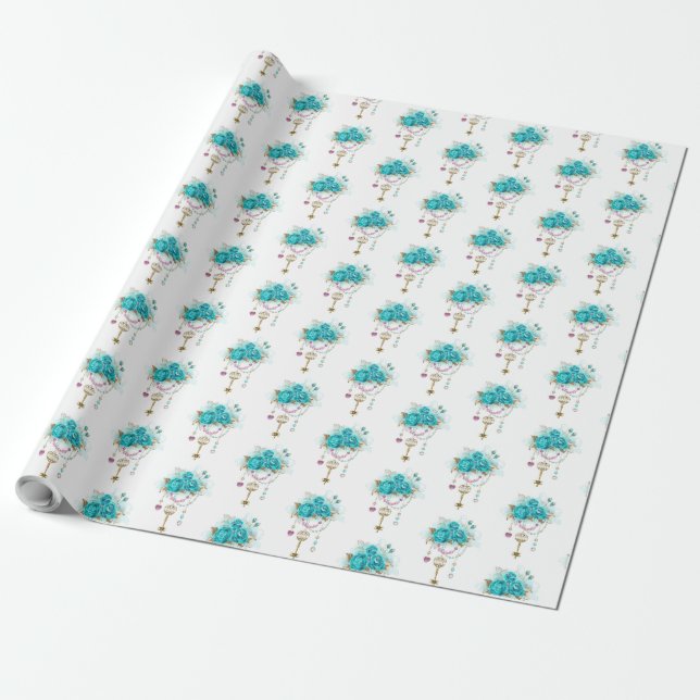 Turquoise Roses with Keys Wrapping Paper (Unrolled)