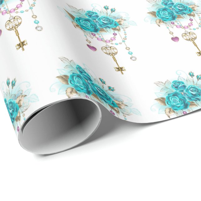 Turquoise Roses with Keys Wrapping Paper (Roll Corner)