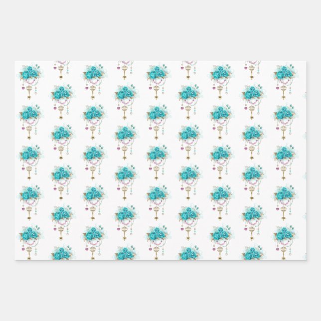 Turquoise Roses with Keys Wrapping Paper Sheets (Front)