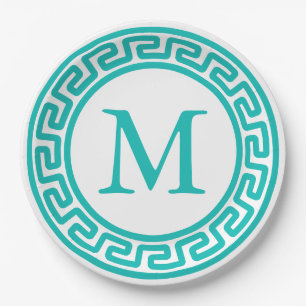 Turquoise Round Greek Key Border Monogram Paper Plates
